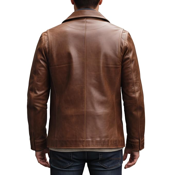 Back view of a man wearing the distressed brown Ghost Trail Royal Mode Real Leather Jacket featuring a shirt collar and button closure.   