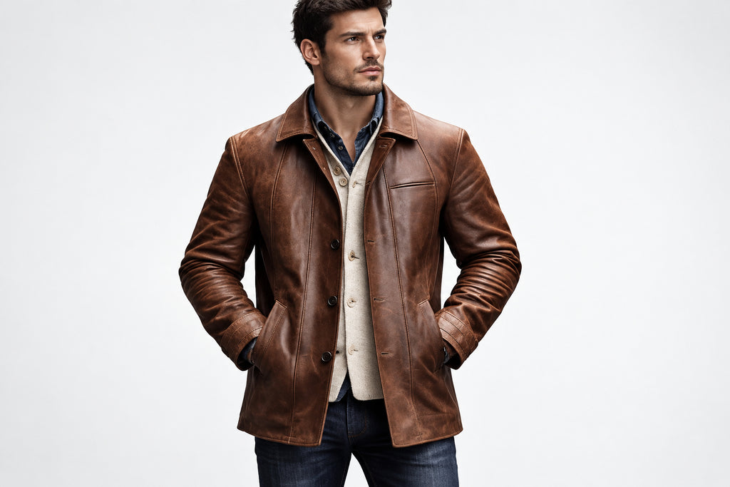 Front view of a man wearing the distressed brown Ghost Trail Royal Mode Real Leather Jacket featuring a shirt collar and button closure.