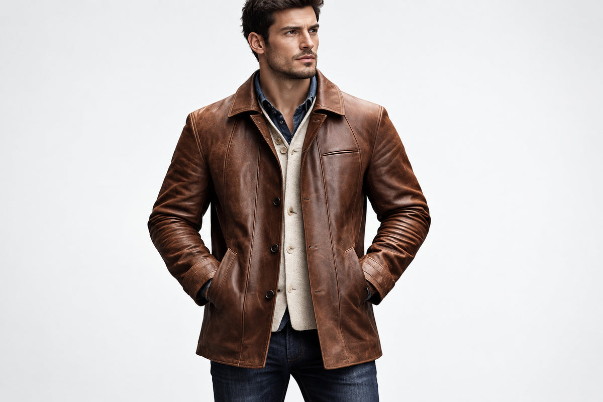 Front view of a man wearing the distressed brown Ghost Trail Royal Mode Real Leather Jacket featuring a shirt collar and button closure.