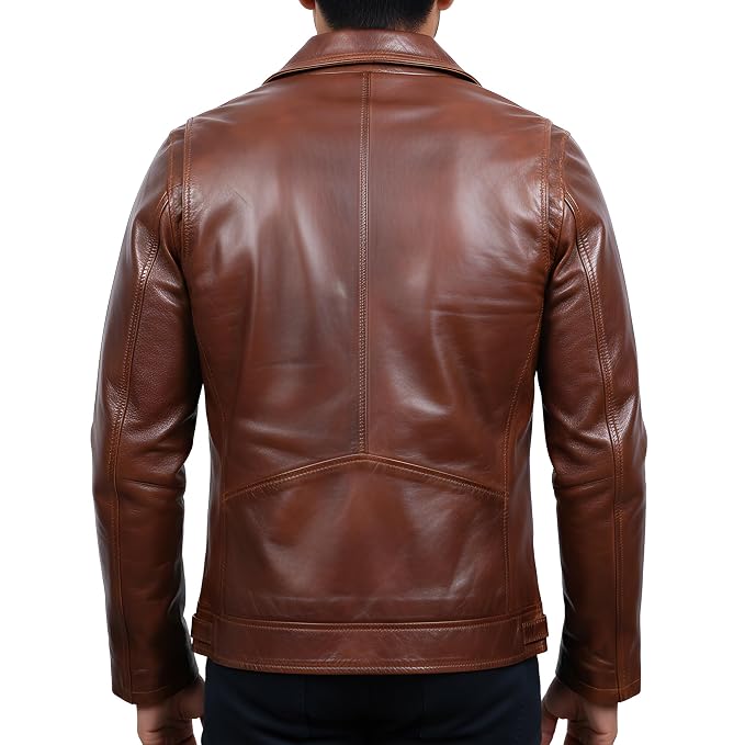 Back view of a man wearing the antique brown Ghost Wolf Statement Biker Leather Jacket featuring a spread collar and full-zip front.