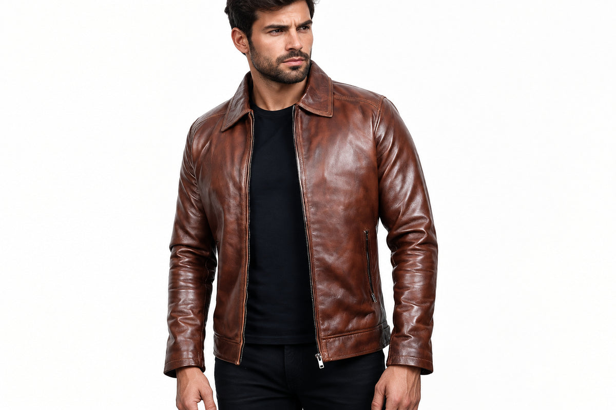 Front view of a man wearing the antique brown Ghost Wolf Statement Biker Leather Jacket featuring a spread collar and full-zip front.