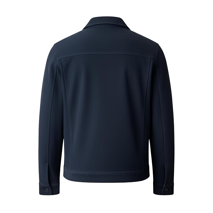 Back view of the dark navy Gilded Hide Distressed Biker Men's Suede Leather Jacket featuring a shirt collar and button closure.
