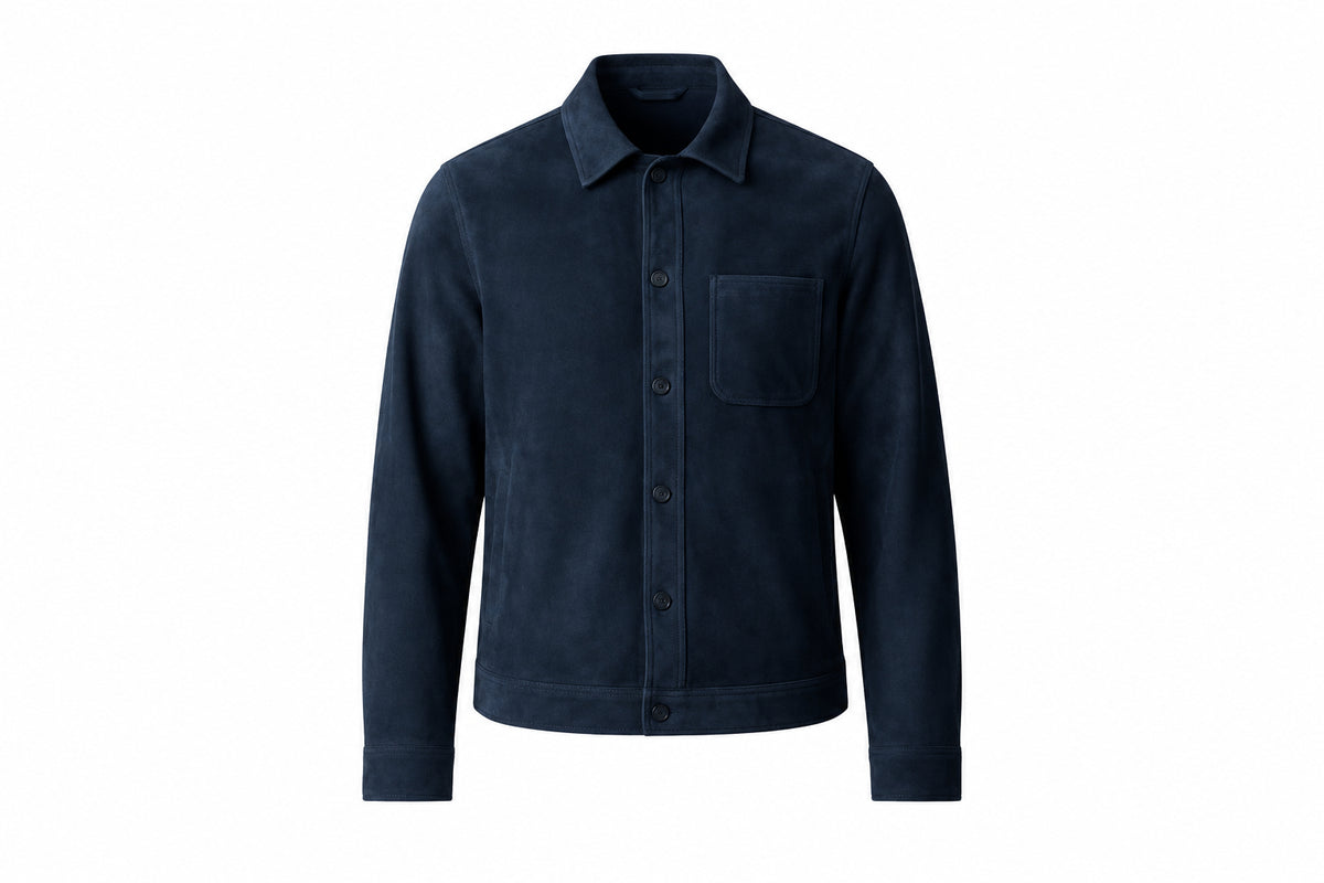 Front view of the dark navy Gilded Hide Distressed Biker Men's Suede Leather Jacket featuring a shirt collar and button closure.