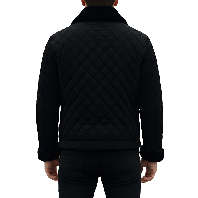 Back view of a man wearing the quilted black Golden Edge Suede Leather Jacket featuring a plush shearling collar and zipper closure.