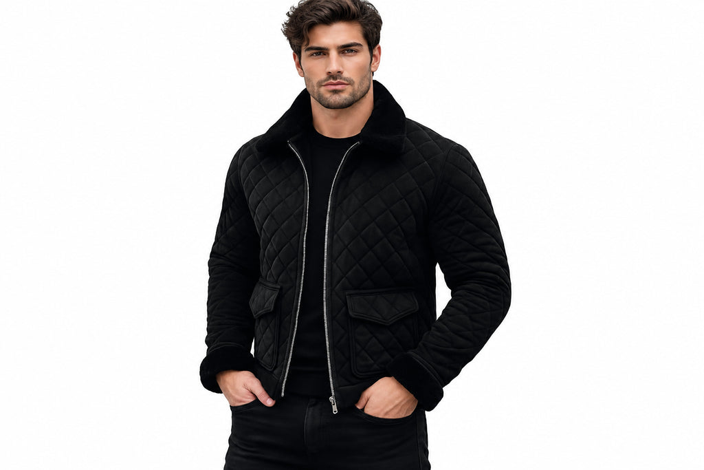 Front view of a man wearing the quilted black Golden Edge Suede Leather Jacket featuring a plush shearling collar and zipper closure.