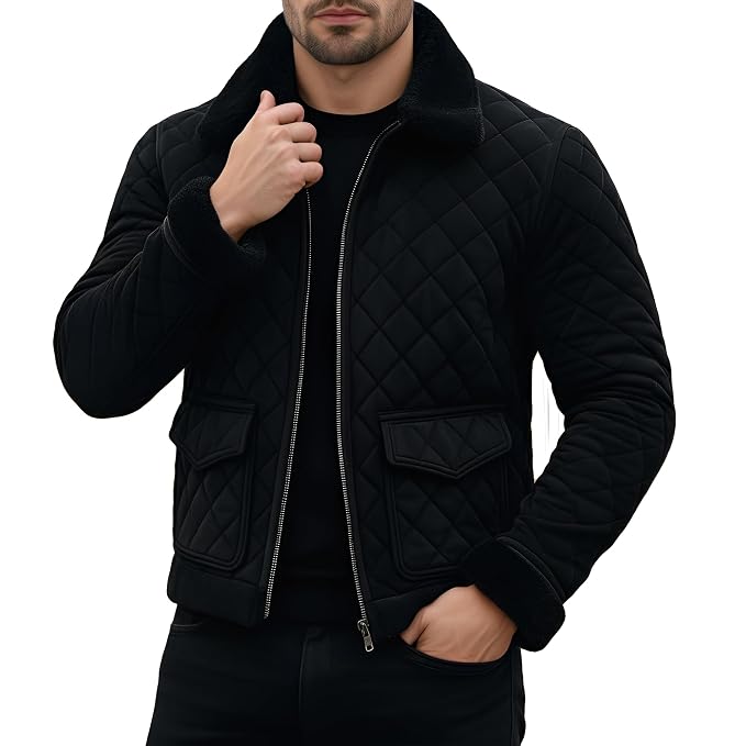 Side view of a man wearing the quilted black Golden Edge Suede Leather Jacket featuring a plush shearling collar and zipper closure.