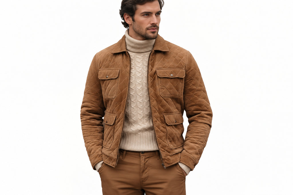 Front view of a man wearing the tan brown Grain Forge Aristocrat Premium Suede Jacket featuring a shirt collar, zip front, and quilted pockets.