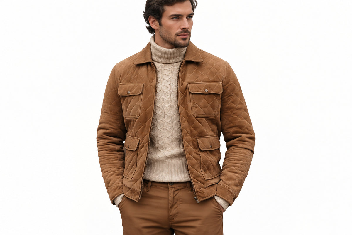 Front view of a man wearing the tan brown Grain Forge Aristocrat Premium Suede Jacket featuring a shirt collar, zip front, and quilted pockets.