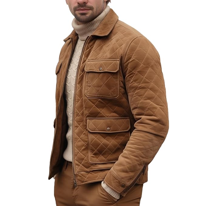 Side view of a man wearing the tan brown Grain Forge Aristocrat Premium Suede Jacket featuring a shirt collar, zip front, and quilted pockets.   