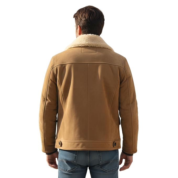 Back view of a man wearing the distressed tan brown Grain Fury Opulent Suede Leather Jacket featuring a shearling collar and button-flap pockets.   