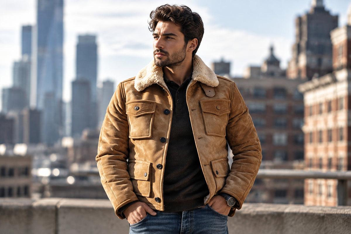 Front view of a man wearing the distressed tan brown Grain Fury Opulent Suede Leather Jacket featuring a shearling collar and button-flap pockets.
