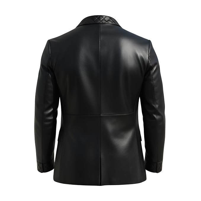 Men's Grain Haven luxury genuine real soft black lambskin leather formal blazer suit jacket featuring diamond-quilted leather notch lapels, single-breasted two-button front closure, welt chest pocket, lower diamond-quilted flap waist pockets, quilted wrist cuff bands, tailored slim fit, and custom made-to-measure tailoring available worldwide.back