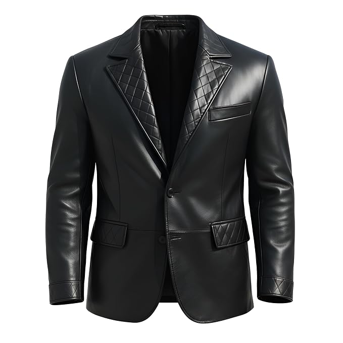 Men's Grain Haven luxury genuine real soft black lambskin leather formal blazer suit jacket featuring diamond-quilted leather notch lapels, single-breasted two-button front closure, welt chest pocket, lower diamond-quilted flap waist pockets, quilted wrist cuff bands, tailored slim fit, and custom made-to-measure tailoring available worldwide.Front