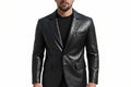 Men's Grain Haven luxury genuine real soft black lambskin leather formal blazer suit jacket featuring diamond-quilted leather notch lapels, single-breasted two-button front closure, welt chest pocket, lower diamond-quilted flap waist pockets, quilted wrist cuff bands, tailored slim fit, and custom made-to-measure tailoring available worldwide.