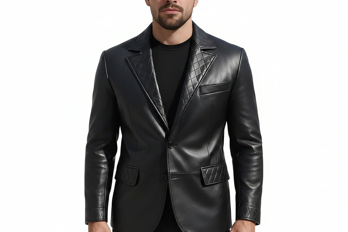 Men's Grain Haven luxury genuine real soft black lambskin leather formal blazer suit jacket featuring diamond-quilted leather notch lapels, single-breasted two-button front closure, welt chest pocket, lower diamond-quilted flap waist pockets, quilted wrist cuff bands, tailored slim fit, and custom made-to-measure tailoring available worldwide.