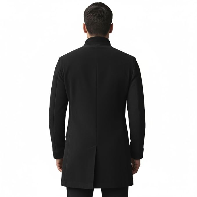 Men's grand crest urban double button genuine soft suede real leather long coat in matte jet black featuring a high mandarin stand collar, double-button front closure, vertical waist-contouring seams, subtle side slash hand pockets, long fitted sleeves, thigh-length cut, and custom made-to-measure fitting across the UK, USA, and Australia.back