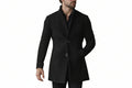 Men's grand crest urban double button genuine soft suede real leather long coat in matte jet black featuring a high mandarin stand collar, double-button front closure, vertical waist-contouring seams, subtle side slash hand pockets, long fitted sleeves, thigh-length cut, and custom made-to-measure fitting across the UK, USA, and Australia.