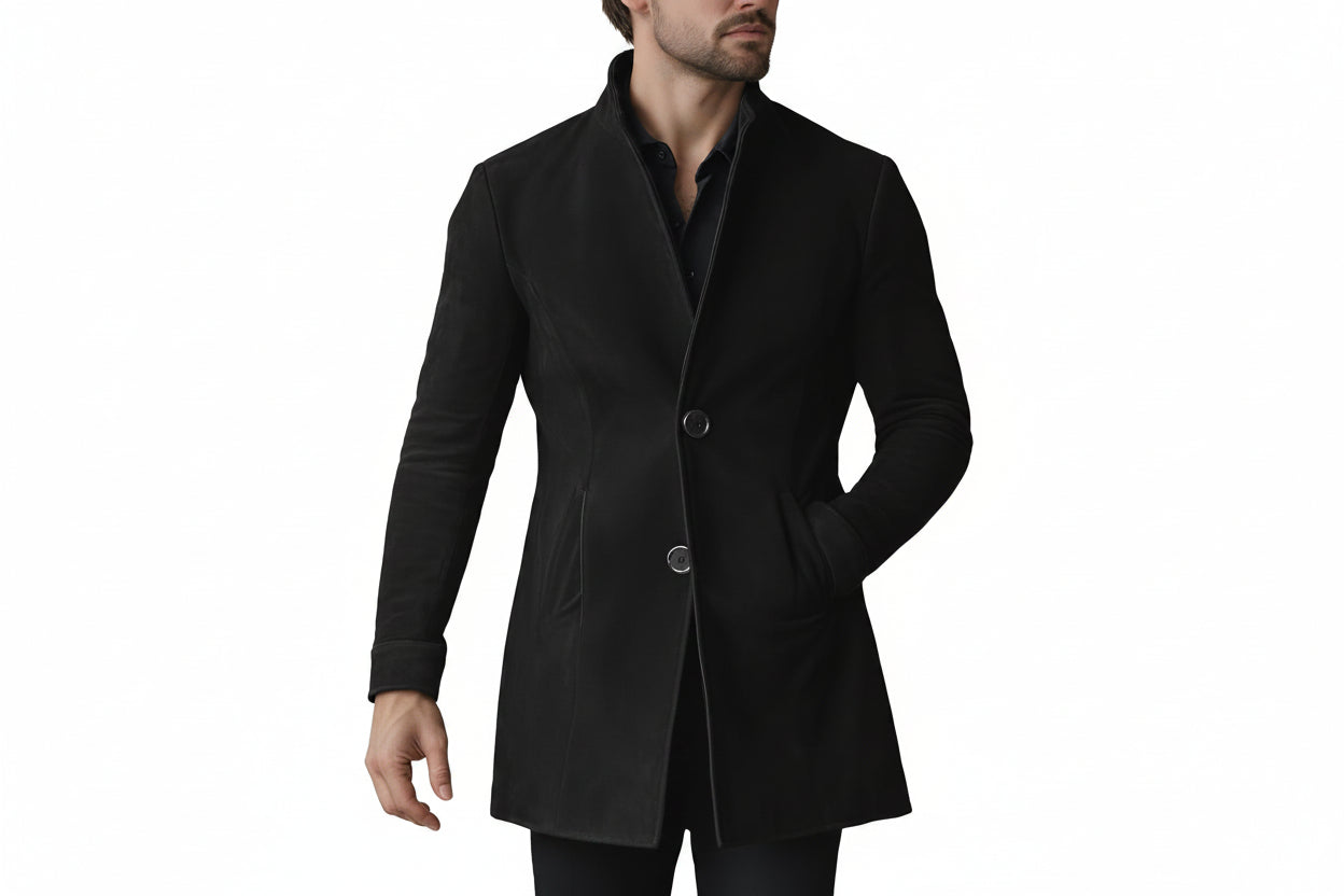 Men's grand crest urban double button genuine soft suede real leather long coat in matte jet black featuring a high mandarin stand collar, double-button front closure, vertical waist-contouring seams, subtle side slash hand pockets, long fitted sleeves, thigh-length cut, and custom made-to-measure fitting across the UK, USA, and Australia.