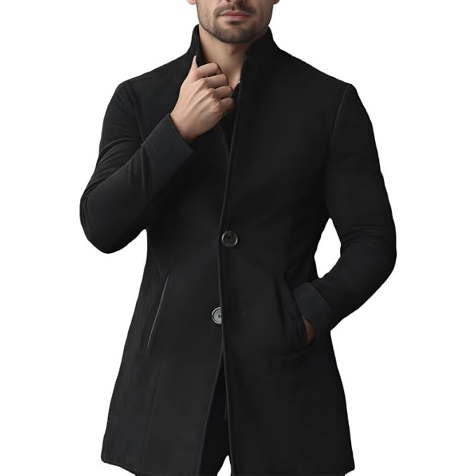 Men's grand crest urban double button genuine soft suede real leather long coat in matte jet black featuring a high mandarin stand collar, double-button front closure, vertical waist-contouring seams, subtle side slash hand pockets, long fitted sleeves, thigh-length cut, and custom made-to-measure fitting across the UK, USA, and Australia.side
