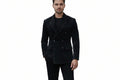 Men's Grand Pelt tailored fit genuine real soft suede leather blazer suit jacket in dark brown featuring broad sartorial peak lapels, double-breasted six-button front closure, sloped welt chest pocket, dual lower flap waist pockets, tonal inner lining, tailored silhouette, and custom made-to-measure tailoring available worldwide.