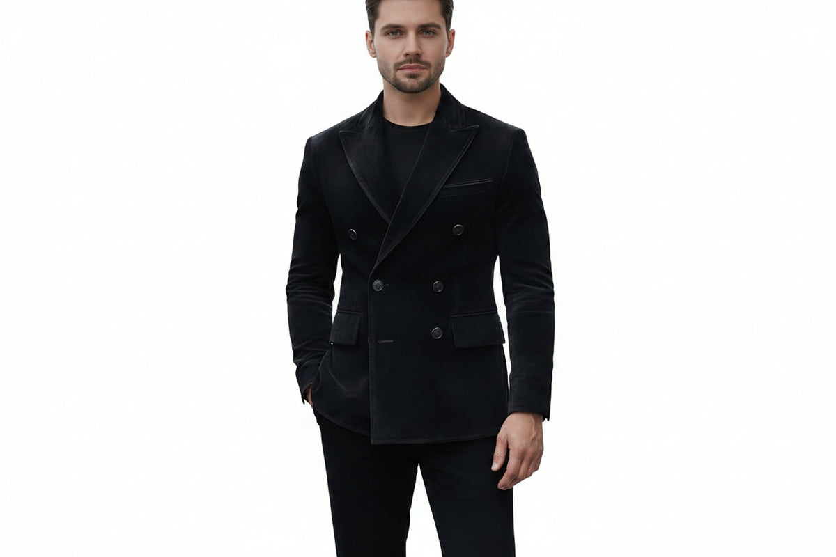 Men's Grand Pelt tailored fit genuine real soft suede leather blazer suit jacket in dark brown featuring broad sartorial peak lapels, double-breasted six-button front closure, sloped welt chest pocket, dual lower flap waist pockets, tonal inner lining, tailored silhouette, and custom made-to-measure tailoring available worldwide.