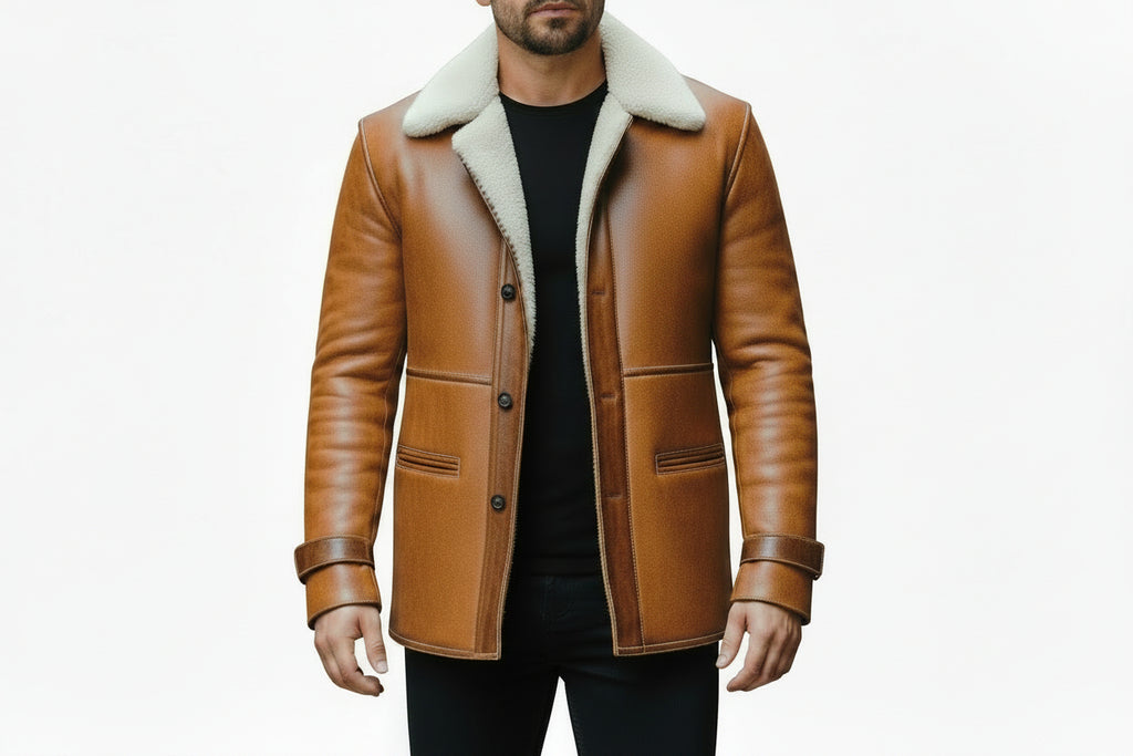 Men's grand thread adventure style genuine soft lambskin real leather long coat in burnished tan featuring a plush wide cream shearling fleece collar and notch lapels, dark brown leather piping trim, single-breasted button front closure, deep angled side handwarmer pockets, buckled sleeve cuff straps, long fitted sleeves, mid-to-thigh length cut, and custom made-to-measure fitting across the UK, USA, and Australia.