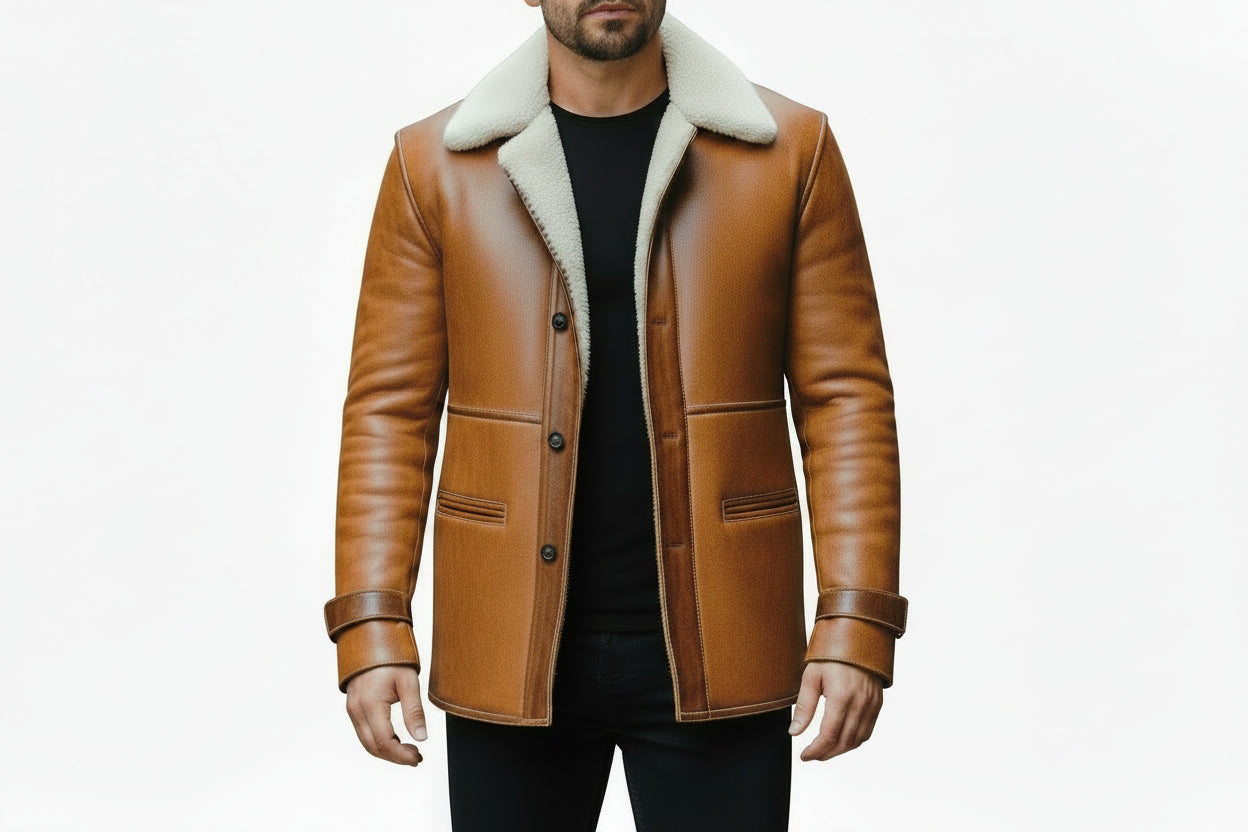 Men's grand thread adventure style genuine soft lambskin real leather long coat in burnished tan featuring a plush wide cream shearling fleece collar and notch lapels, dark brown leather piping trim, single-breasted button front closure, deep angled side handwarmer pockets, buckled sleeve cuff straps, long fitted sleeves, mid-to-thigh length cut, and custom made-to-measure fitting across the UK, USA, and Australia.