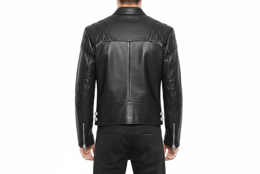 Men's Heritage 1928 genuine real soft lambskin leather rider jacket in dark brown featuring high-contrast off-white cream snap lapels, asymmetrical off-center front zipper closure, diamond-quilted shoulder panels, vertical zip chest pocket, zip waist pockets, dual silver side-waist buckle straps, tailored slim fit, and custom made-to-measure tailoring available worldwide.back