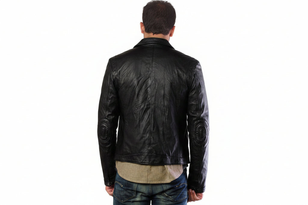 Men's Heritage Benchmade genuine real soft lambskin leather biker jacket in washed black featuring a snap-tab mandarin stand collar, full-length front zipper closure, horizontal zipper chest pocket, dual side hand pockets, press-stud snap waist tabs, tailored slim fit, and custom made-to-measure tailoring available worldwide.back
