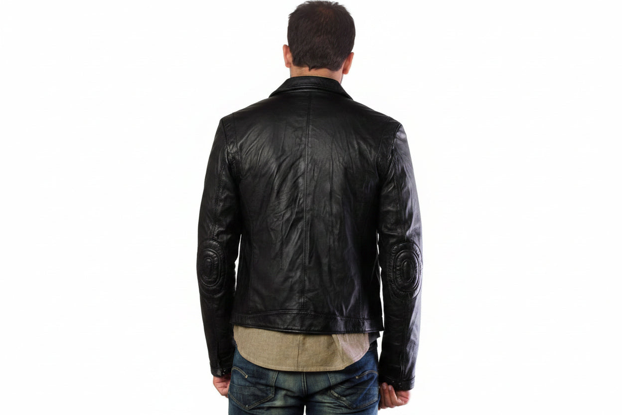Men's Heritage Benchmade genuine real soft lambskin leather biker jacket in washed black featuring a snap-tab mandarin stand collar, full-length front zipper closure, horizontal zipper chest pocket, dual side hand pockets, press-stud snap waist tabs, tailored slim fit, and custom made-to-measure tailoring available worldwide.back