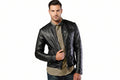Men's Heritage Benchmade genuine real soft lambskin leather biker jacket in washed black featuring a snap-tab mandarin stand collar, full-length front zipper closure, horizontal zipper chest pocket, dual side hand pockets, press-stud snap waist tabs, tailored slim fit, and custom made-to-measure tailoring available worldwide.