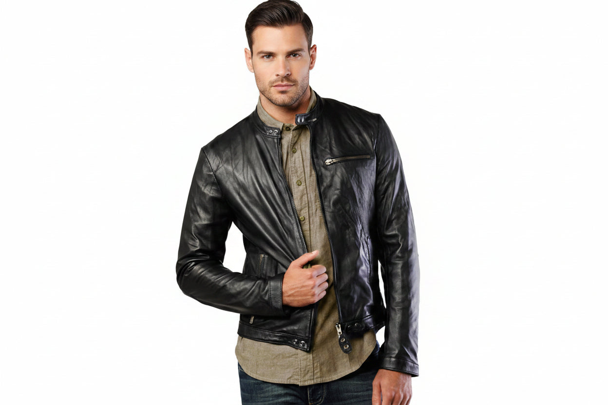 Men's Heritage Benchmade genuine real soft lambskin leather biker jacket in washed black featuring a snap-tab mandarin stand collar, full-length front zipper closure, horizontal zipper chest pocket, dual side hand pockets, press-stud snap waist tabs, tailored slim fit, and custom made-to-measure tailoring available worldwide.