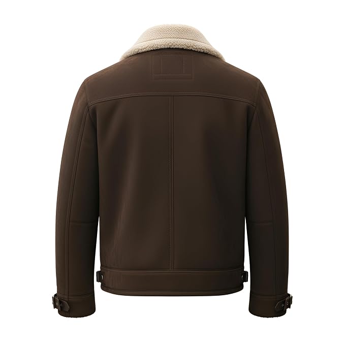 Back view of a dark brown Heritage Forge Statement Racer Suede Leather Jacket featuring a contrast cream shearling collar and zipper closure.