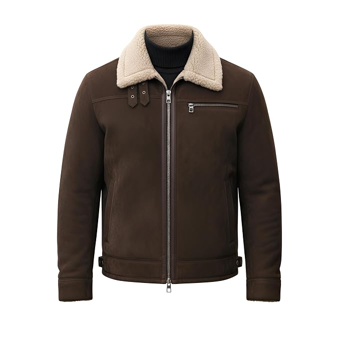 Front view of a dark brown Heritage Forge Statement Racer Suede Leather Jacket featuring a contrast cream shearling collar and zipper closure.