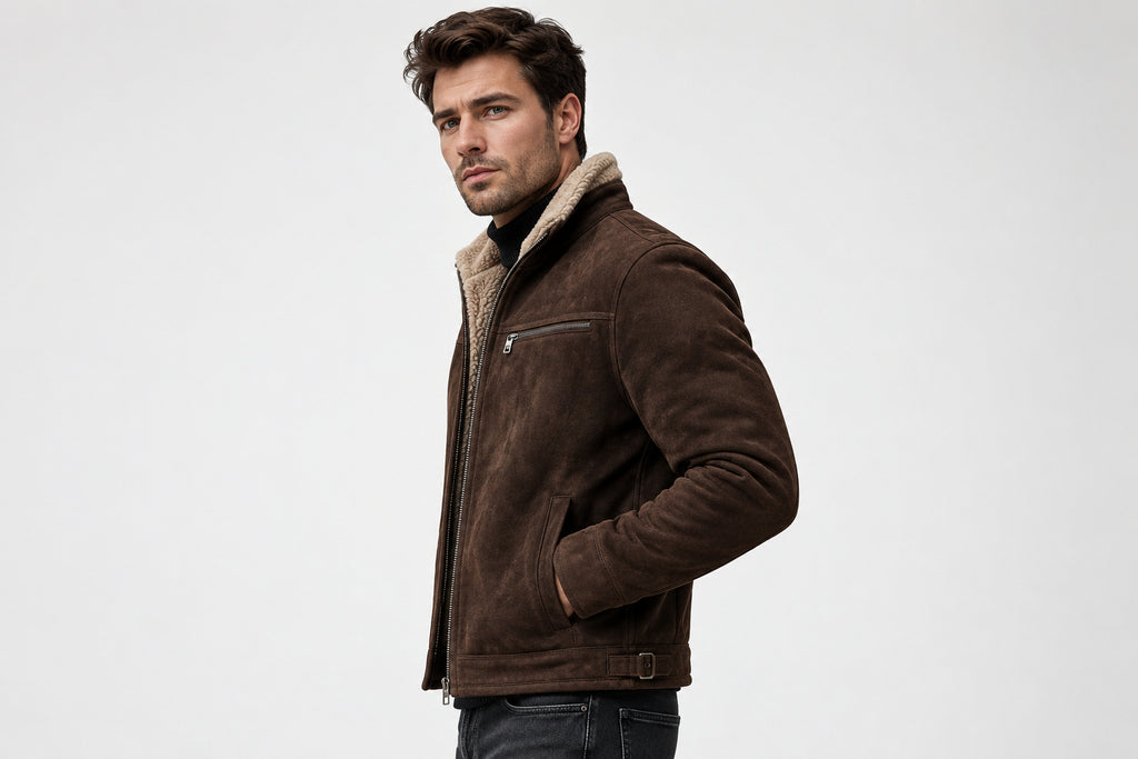 Side view of a dark brown Heritage Forge Statement Racer Suede Leather Jacket featuring a contrast cream shearling collar and zipper closure.