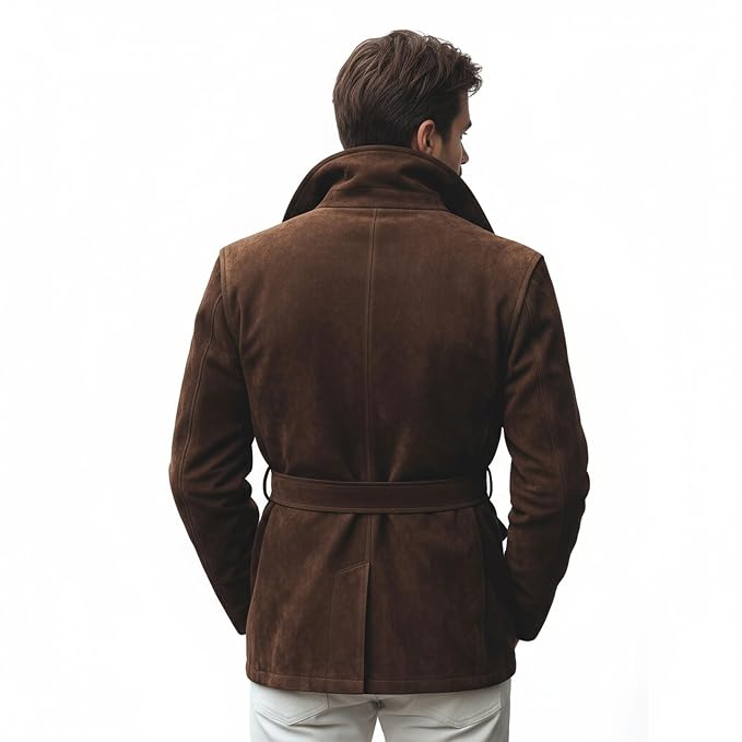Men's heritage loom genuine soft suede real leather full length duster coat in espresso chocolate brown featuring an oversized convertible storm collar, double-breasted front button closure, matching adjustable buckled suede waist belt, shoulder cape overlay paneling, deep front flap cargo pockets, long sleeves, longline duster silhouette, and custom made-to-measure fitting across the UK, USA, and Australia.back