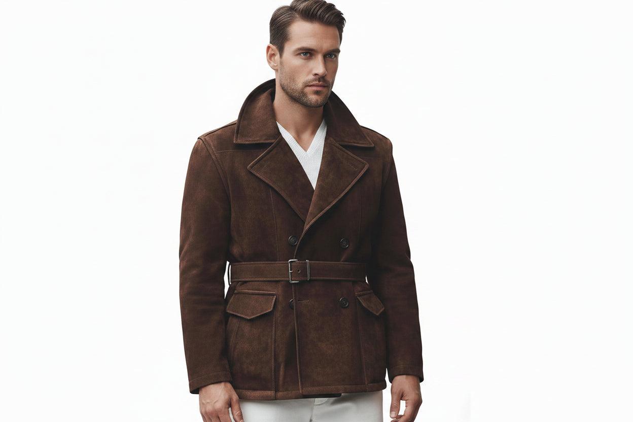 Men's heritage loom genuine soft suede real leather full length duster coat in espresso chocolate brown featuring an oversized convertible storm collar, double-breasted front button closure, matching adjustable buckled suede waist belt, shoulder cape overlay paneling, deep front flap cargo pockets, long sleeves, longline duster silhouette, and custom made-to-measure fitting across the UK, USA, and Australia.