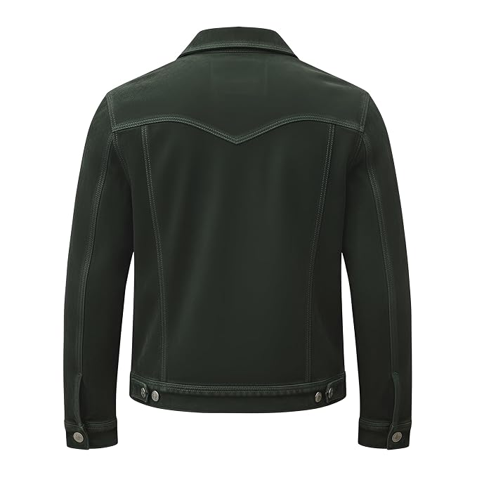 Back view of the forest green Heritage Stitch Quilted Biker Suede Leather Jacket featuring a shirt collar and button closure.