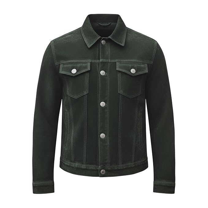 Front view of the forest green Heritage Stitch Quilted Biker Suede Leather Jacket featuring a shirt collar and button closure.