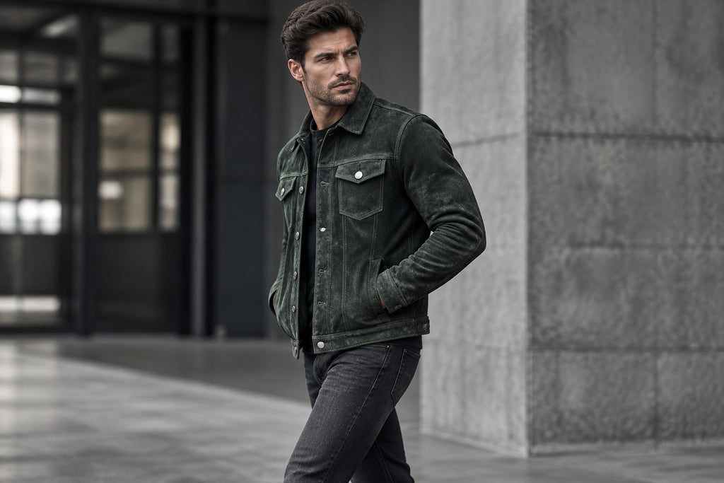 Side view of the forest green Heritage Stitch Quilted Biker Suede Leather Jacket featuring a shirt collar and button closure.