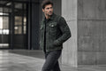 Side view of the forest green Heritage Stitch Quilted Biker Suede Leather Jacket featuring a shirt collar and button closure.