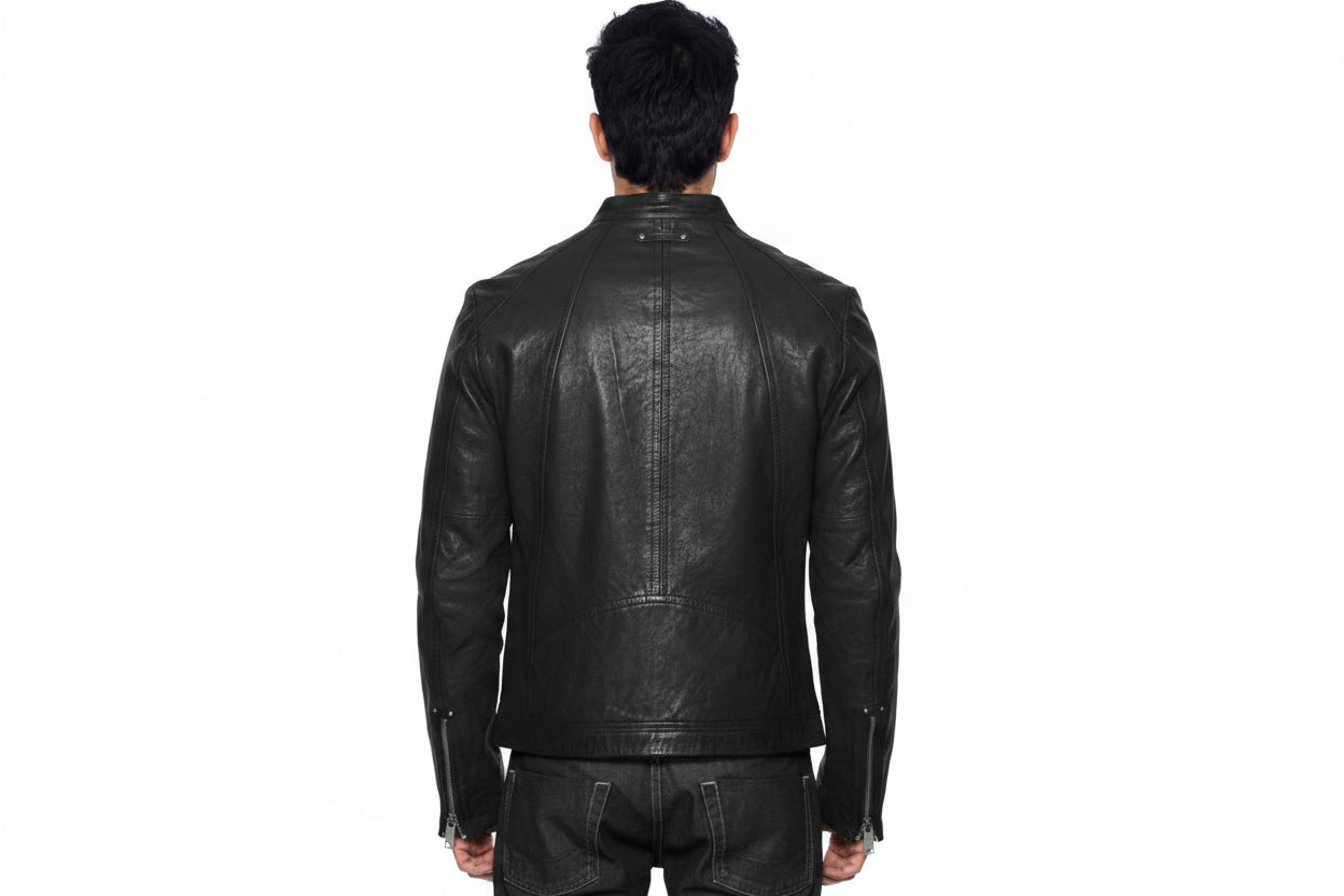 Men's High-Street genuine real soft lambskin leather moto jacket in sleek jet black featuring a snap-tab mandarin stand collar, full-length front zipper closure, angled shoulder-to-chest yoke seams, side snap-button hand pockets, zippered sleeve cuffs, tailored slim fit, and custom made-to-measure tailoring available worldwide.back