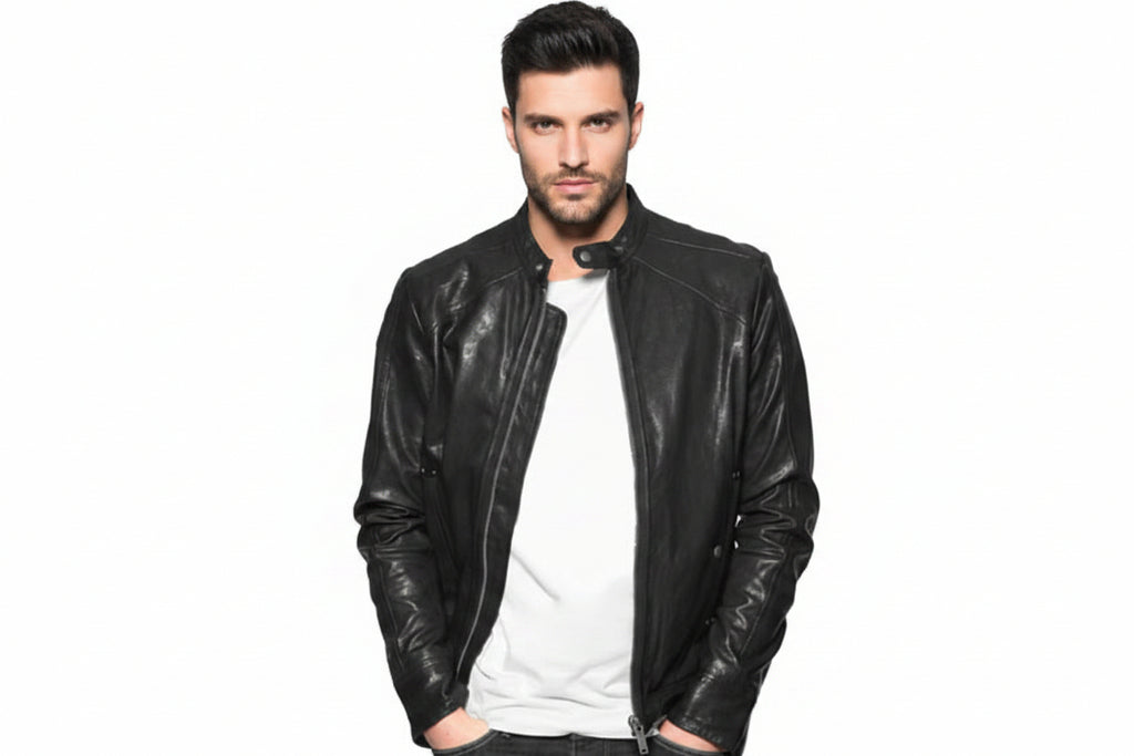 Men's High-Street genuine real soft lambskin leather moto jacket in sleek jet black featuring a snap-tab mandarin stand collar, full-length front zipper closure, angled shoulder-to-chest yoke seams, side snap-button hand pockets, zippered sleeve cuffs, tailored slim fit, and custom made-to-measure tailoring available worldwide.
