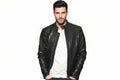 Men's High-Street genuine real soft lambskin leather moto jacket in sleek jet black featuring a snap-tab mandarin stand collar, full-length front zipper closure, angled shoulder-to-chest yoke seams, side snap-button hand pockets, zippered sleeve cuffs, tailored slim fit, and custom made-to-measure tailoring available worldwide.