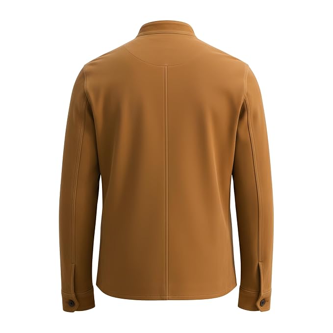 Back view of the tan brown Imperial Craft Slim Biker Suede Leather Jacket featuring a stand collar, button closure, and chest pocket.