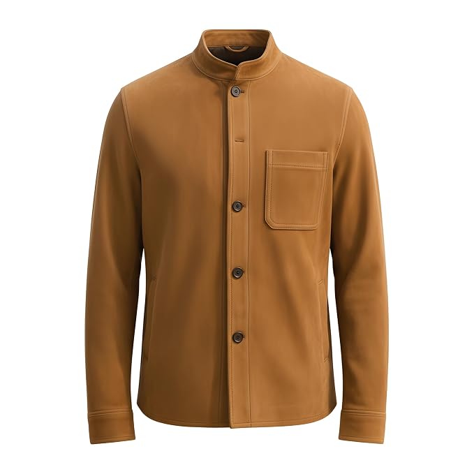 Front view of the tan brown Imperial Craft Slim Biker Suede Leather Jacket featuring a stand collar, button closure, and chest pocket.