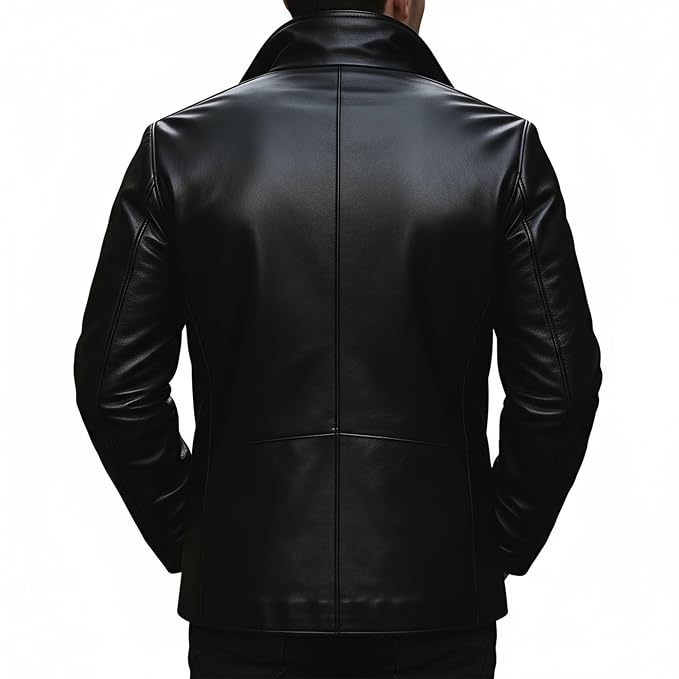 Men's imperial hide luxury genuine soft indian nappa real leather 3/4 length coat in jet black featuring a dual-layer standing collar with notch lapels, single-breasted button front closure with inner placket, deep angled side handwarmer welt pockets, clean vertical seaming, long fitted sleeves, mid-thigh length cut, and custom made-to-measure fitting across the UK, USA, and Australia.back