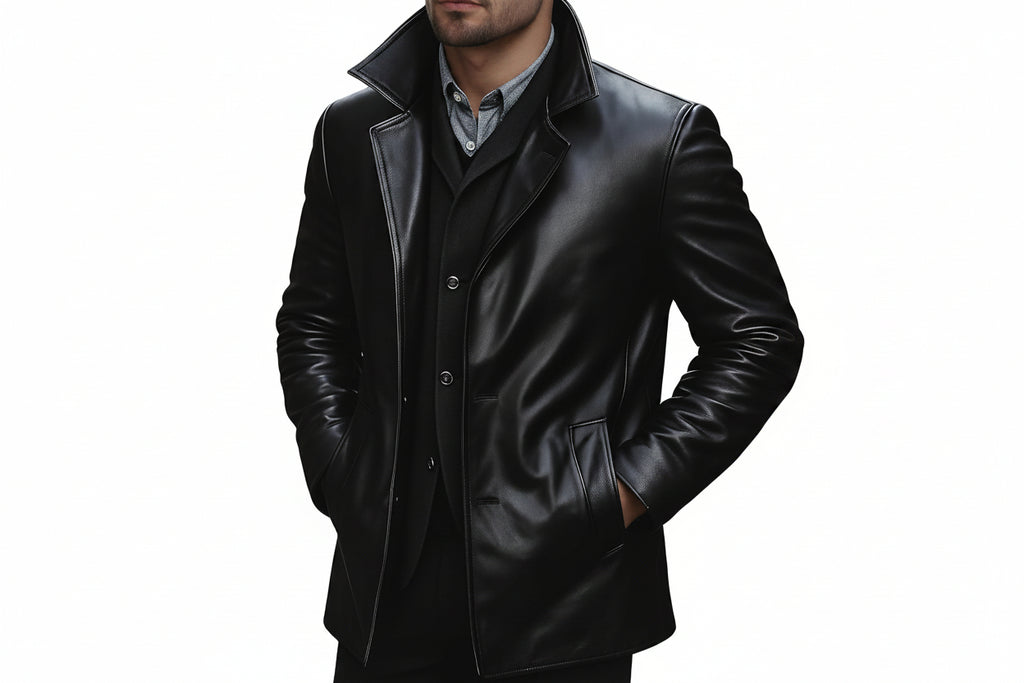 Men's imperial hide luxury genuine soft indian nappa real leather 3/4 length coat in jet black featuring a dual-layer standing collar with notch lapels, single-breasted button front closure with inner placket, deep angled side handwarmer welt pockets, clean vertical seaming, long fitted sleeves, mid-thigh length cut, and custom made-to-measure fitting across the UK, USA, and Australia.