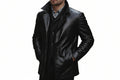 Men's imperial hide luxury genuine soft indian nappa real leather 3/4 length coat in jet black featuring a dual-layer standing collar with notch lapels, single-breasted button front closure with inner placket, deep angled side handwarmer welt pockets, clean vertical seaming, long fitted sleeves, mid-thigh length cut, and custom made-to-measure fitting across the UK, USA, and Australia.