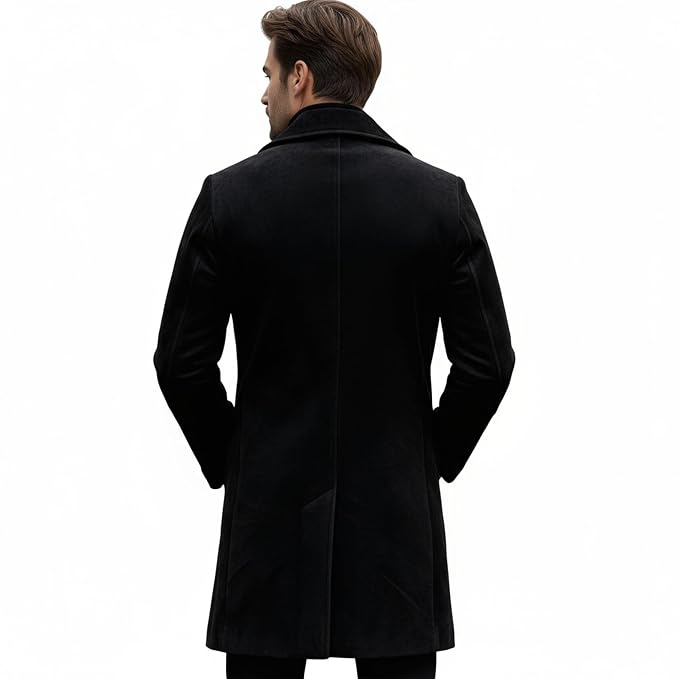 Men's imperial thread stylish tailored fit genuine soft suede real leather long coat in matte jet black featuring broad double-breasted notch lapels, multi-button front closure, vertical waist-contouring seams, slanted side handwarmer welt pockets, long fitted sleeves, knee-length cut, and custom made-to-measure fitting across the UK, USA, and Australia.back